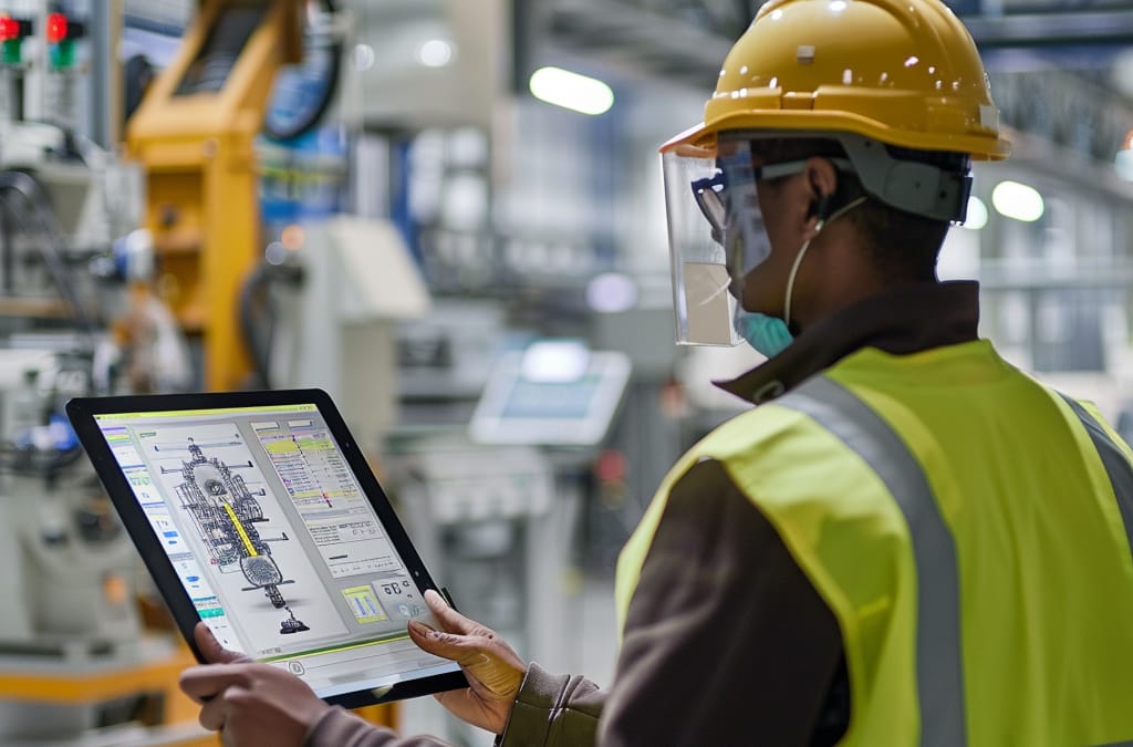 A factory worker using a tablet to access real-time SOP during manufacturing.